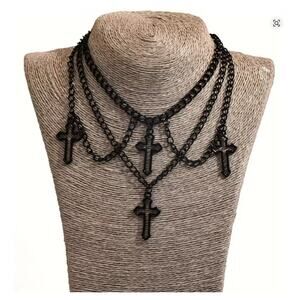 Black Layered Cross Necklace Gothic Chain Multi Strand Pendant Choker Jewelry